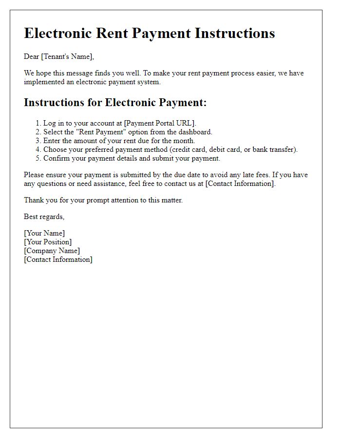 Letter template of electronic rent payment instructions