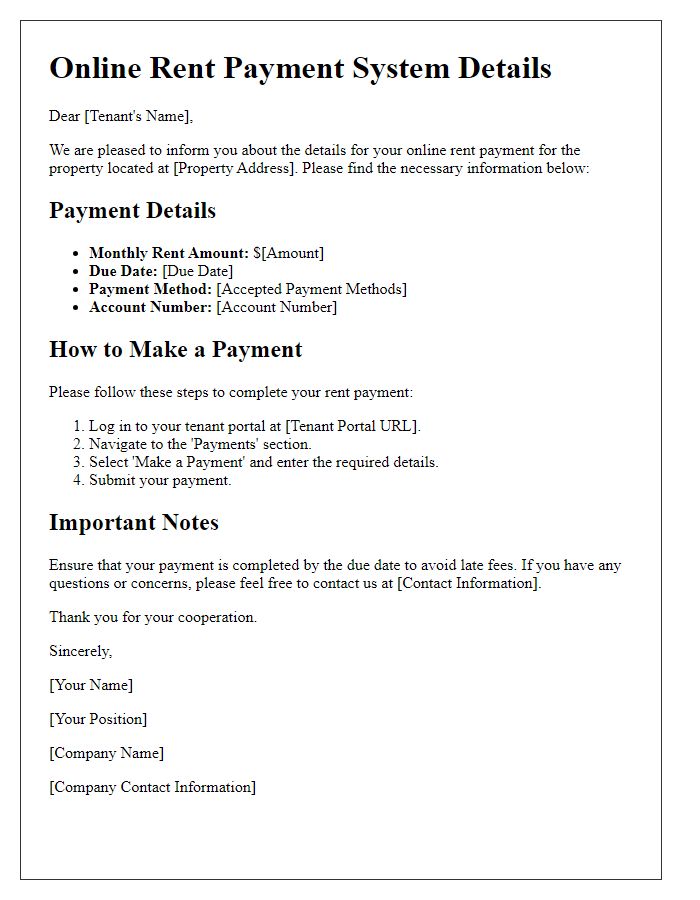 Letter template of online rent payment system details