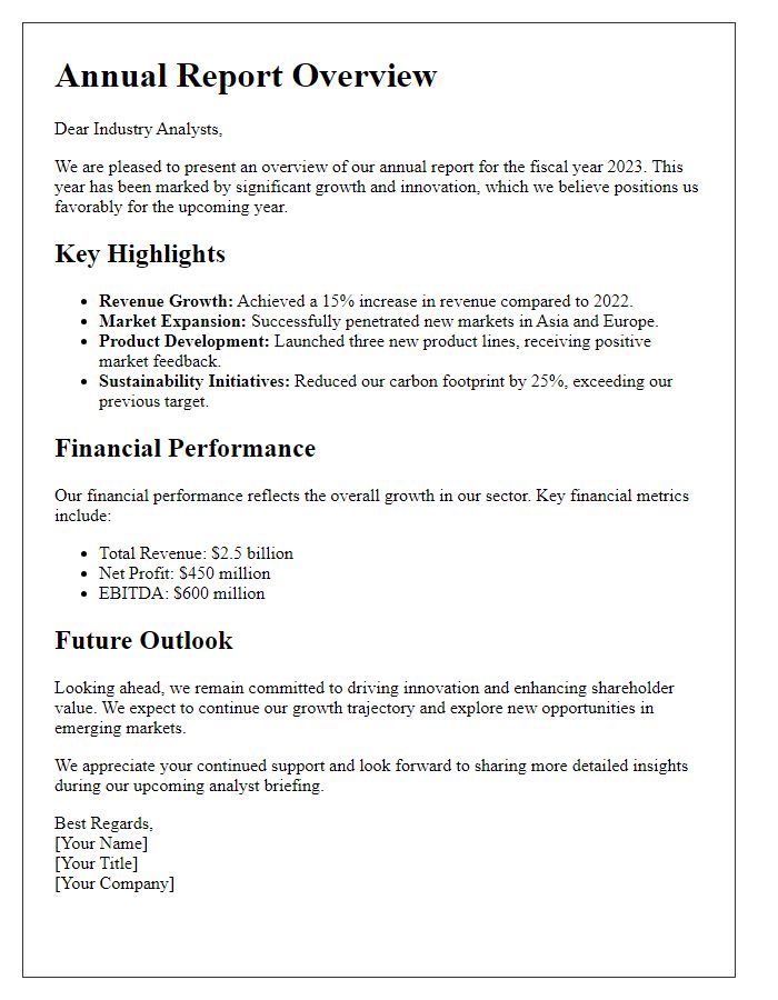 Letter template of annual report overview for industry analysts