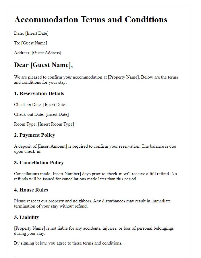 Letter template of accommodation terms and conditions