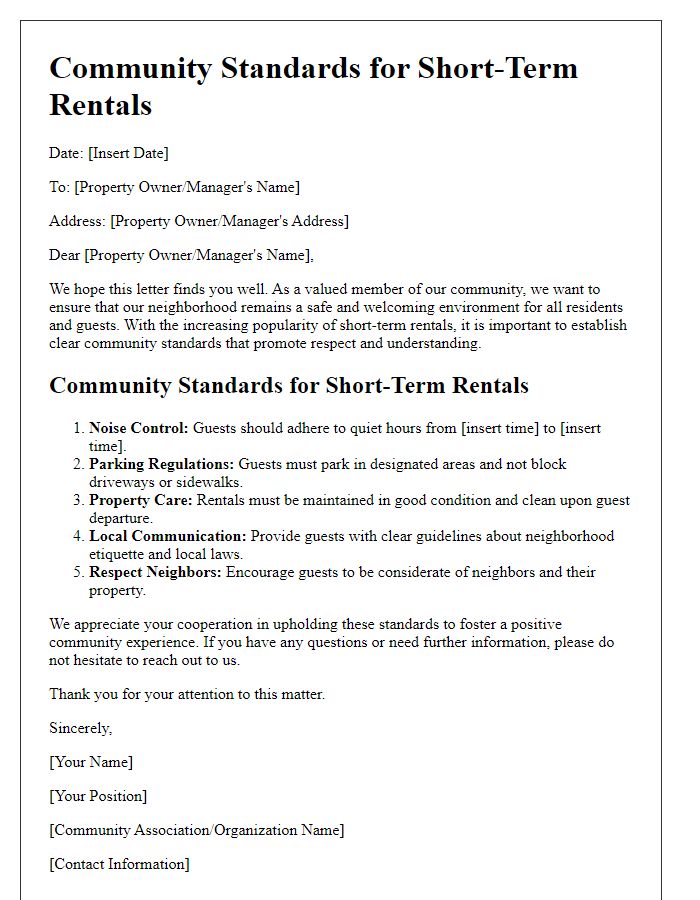 Letter template of community standards for short-term rentals