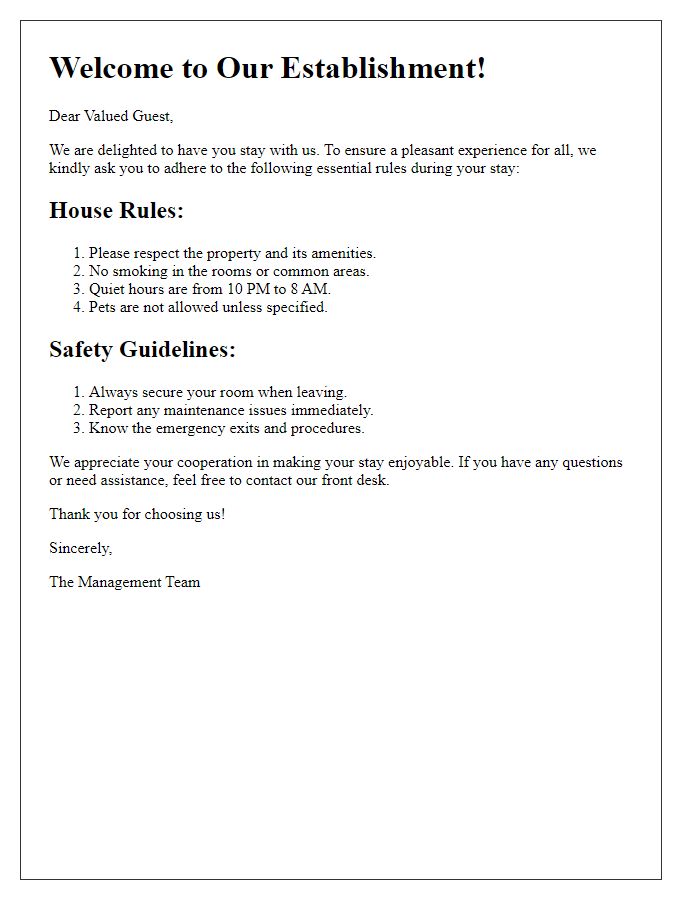 Letter template of essential rules for staying guests