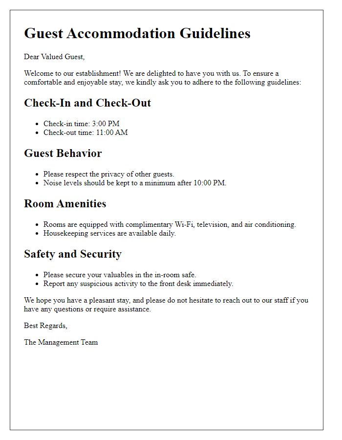 Letter template of guest accommodation guidelines