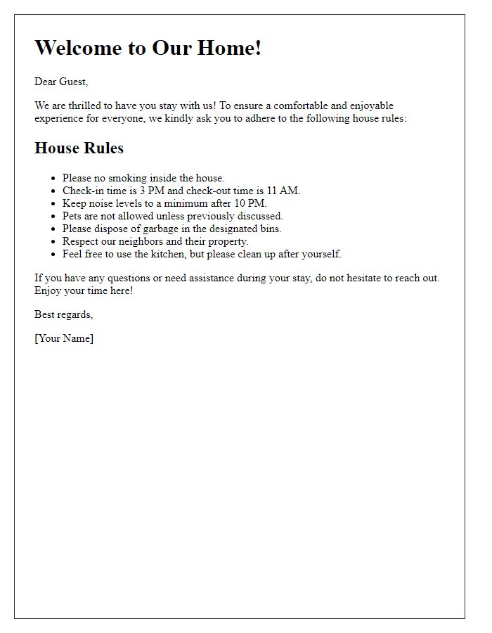 Letter template of house rules for guests