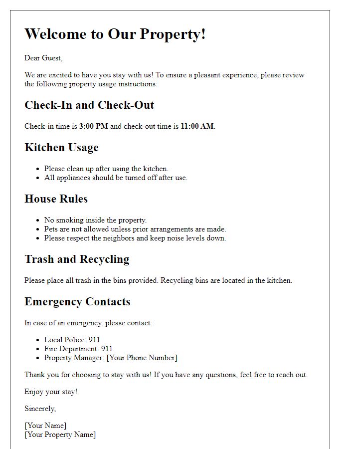 Letter template of property usage instructions for guests