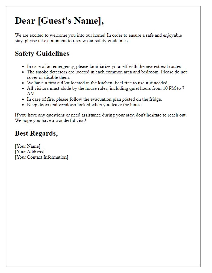 Letter template of safety guidelines for overnight guests