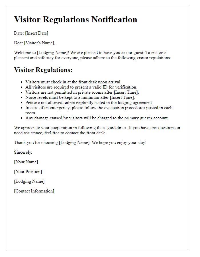 Letter template of visitor regulations for lodging