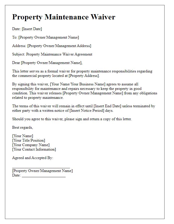 Letter template of property maintenance waiver for commercial properties