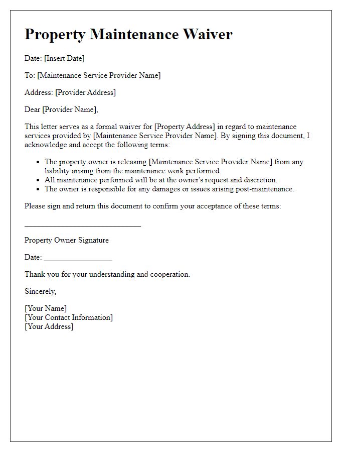 Letter template of property maintenance waiver for maintenance service providers