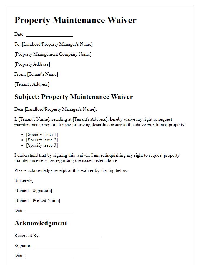 Letter template of property maintenance waiver for residential properties