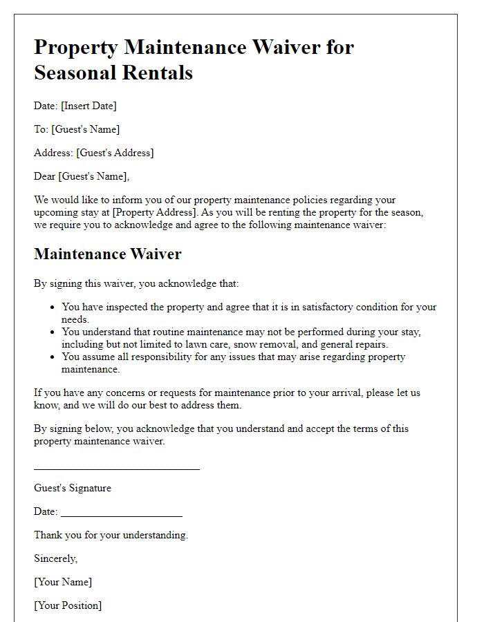 Letter template of property maintenance waiver for seasonal rentals