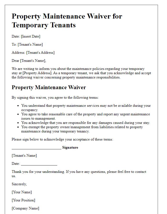 Letter template of property maintenance waiver for temporary tenants