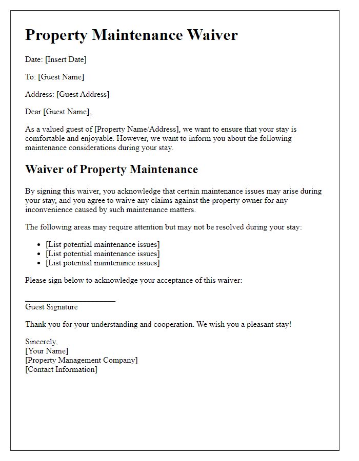 Letter template of property maintenance waiver for vacation rentals