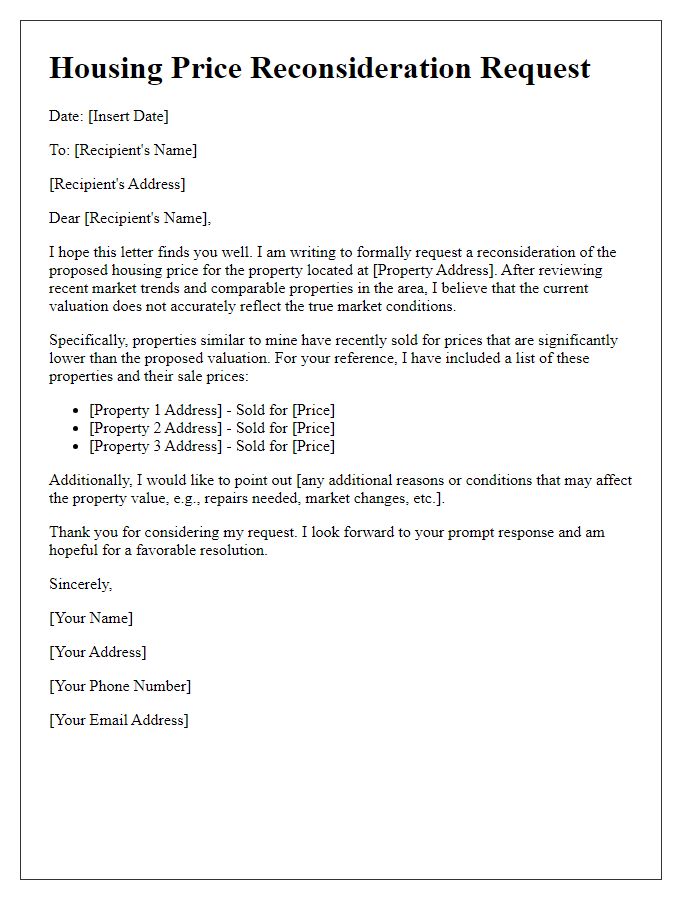 Letter template of housing price reconsideration