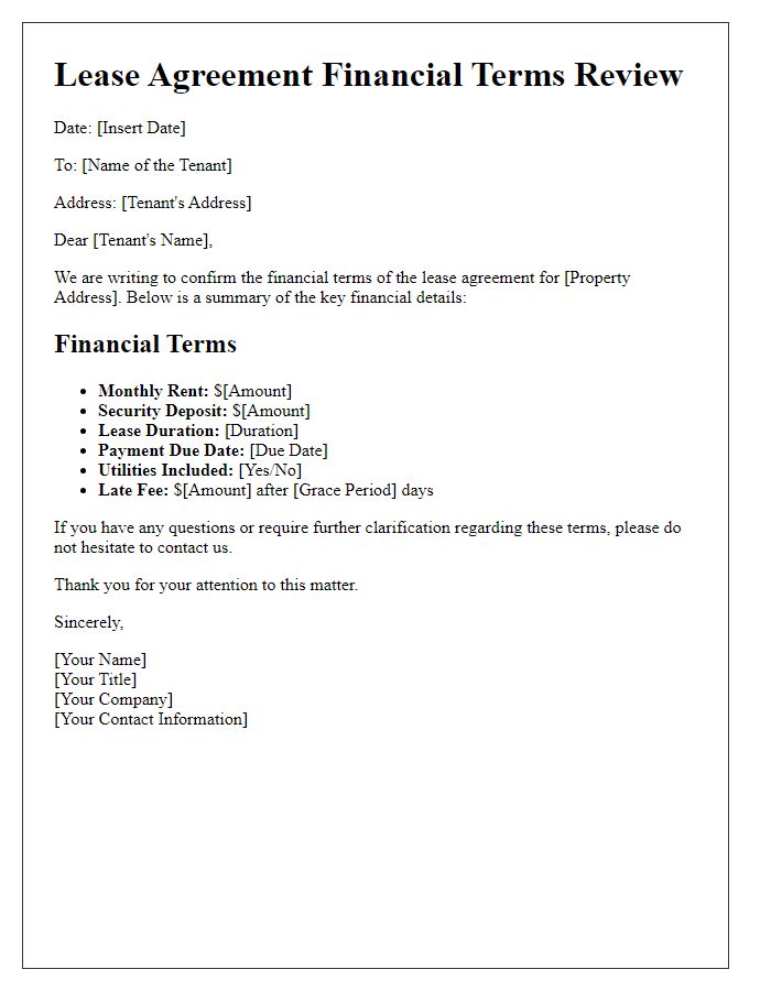 Letter template of lease agreement financial terms review