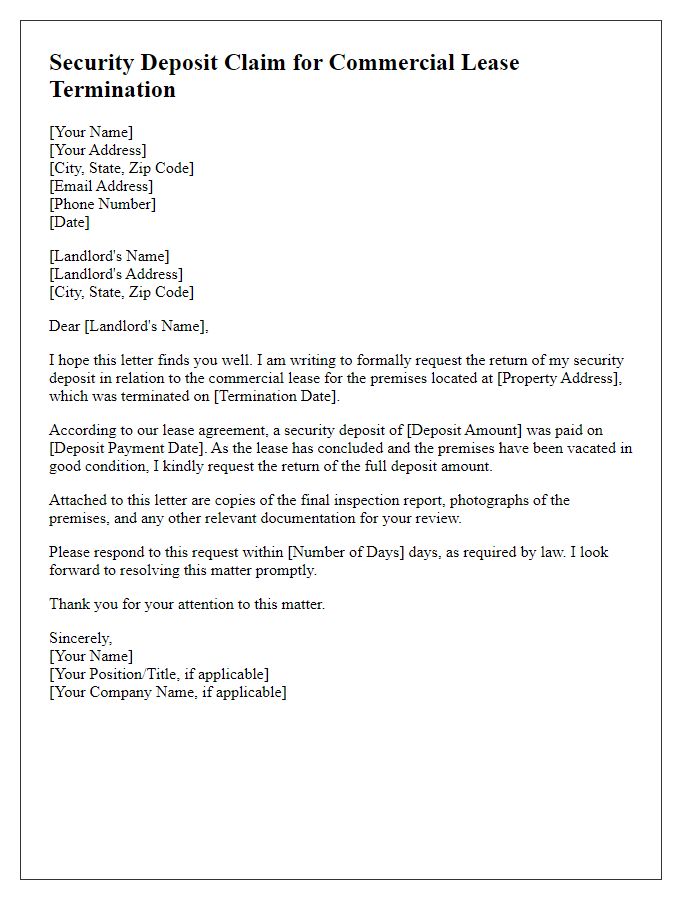 Letter template of security deposit claim for commercial lease termination.