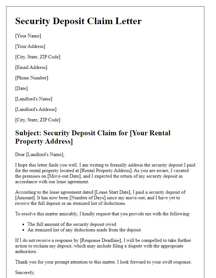 Letter template of security deposit claim for dispute resolution.