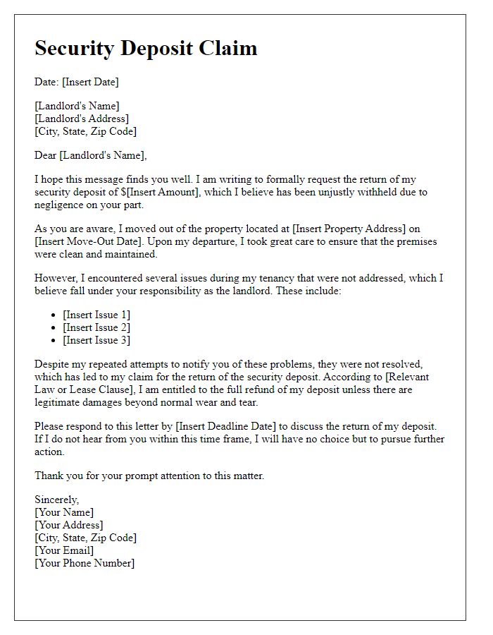 Letter template of security deposit claim for landlord negligence.