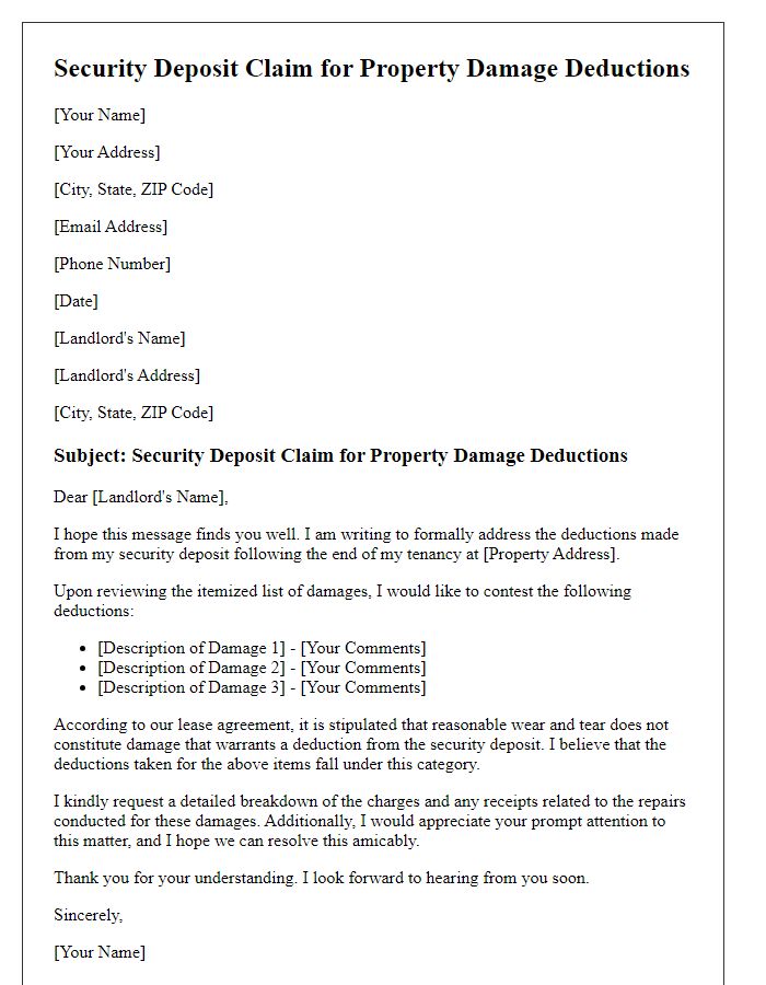 Letter template of security deposit claim for property damage deductions.