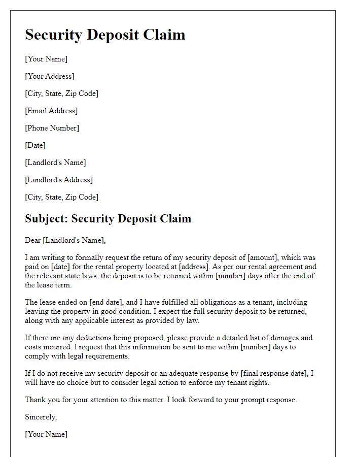 Letter template of security deposit claim for tenant rights enforcement.