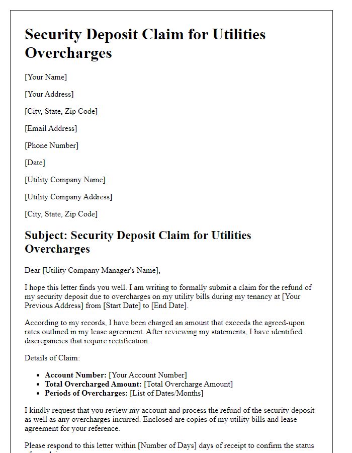 Letter template of security deposit claim for utilities overcharges.