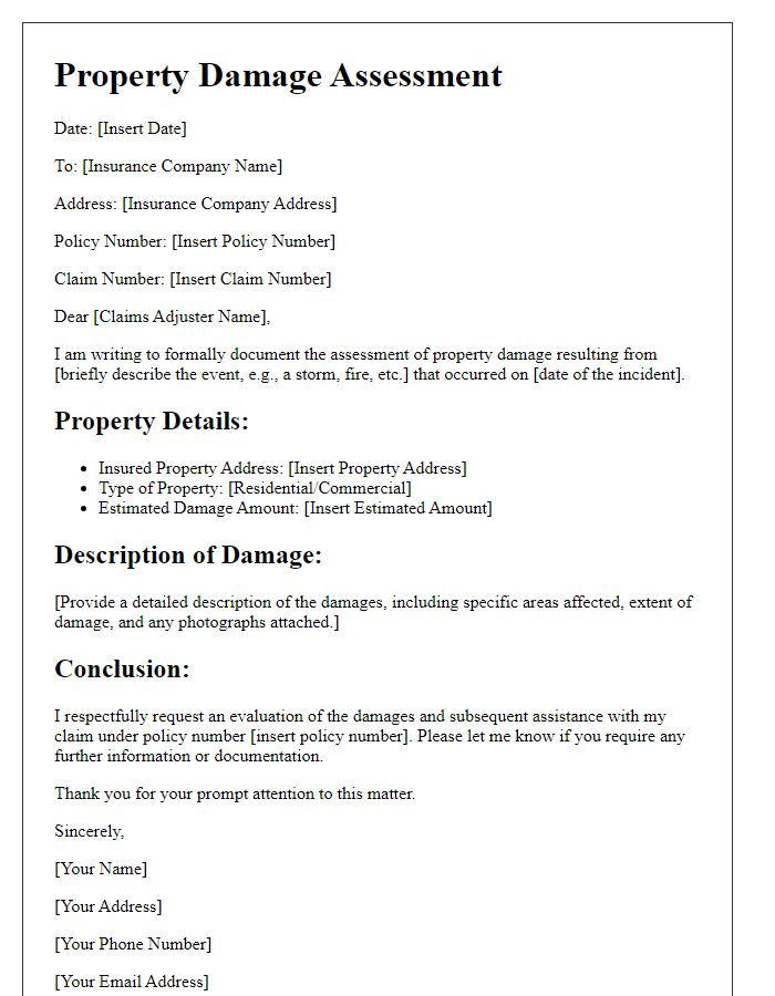 Letter template of property damage assessment for insurance