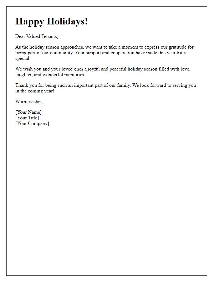 Letter template of holiday well wishes for tenants