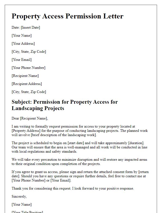 Letter template of property access permission for landscaping projects.