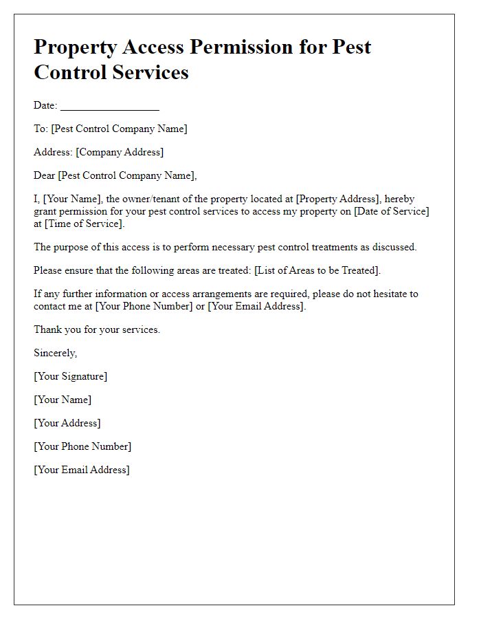 Letter template of property access permission for pest control services.