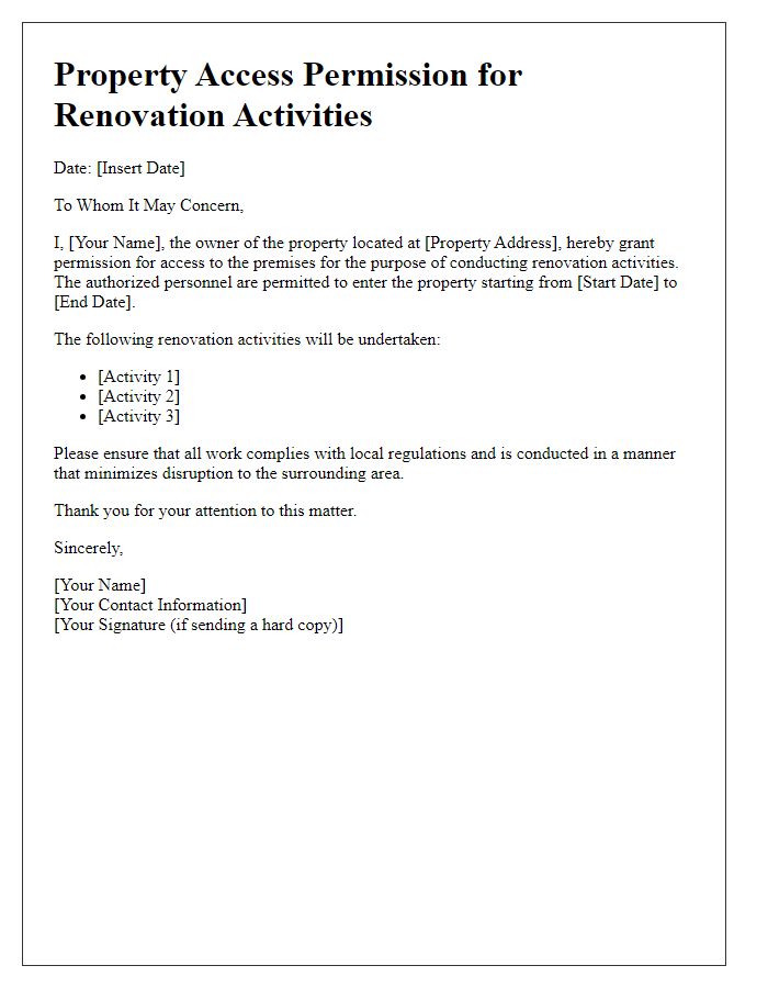 Letter template of property access permission for renovation activities.