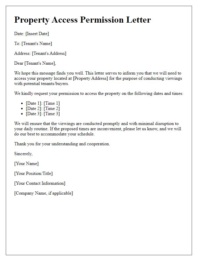 Letter template of property access permission for tenant viewings.