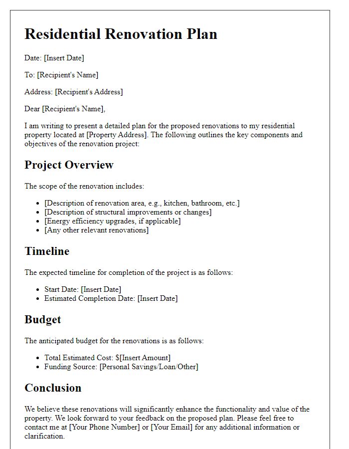 Letter template of residential renovation plan