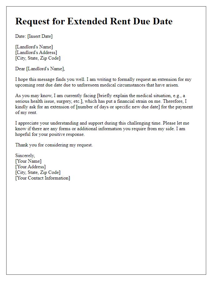 Letter template of application for extended rent due date for medical emergencies.