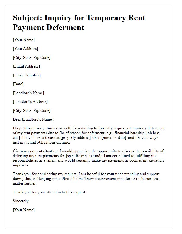 Letter template of inquiry for temporary rent payment deferment.