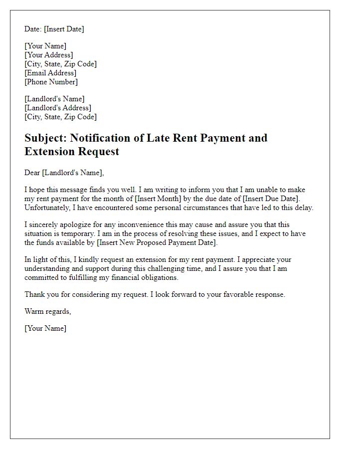 Letter template of notification for late rent with extension request for personal reasons.