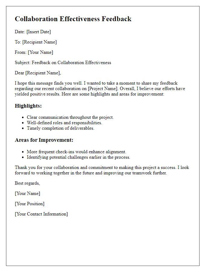 Letter template of collaboration effectiveness feedback