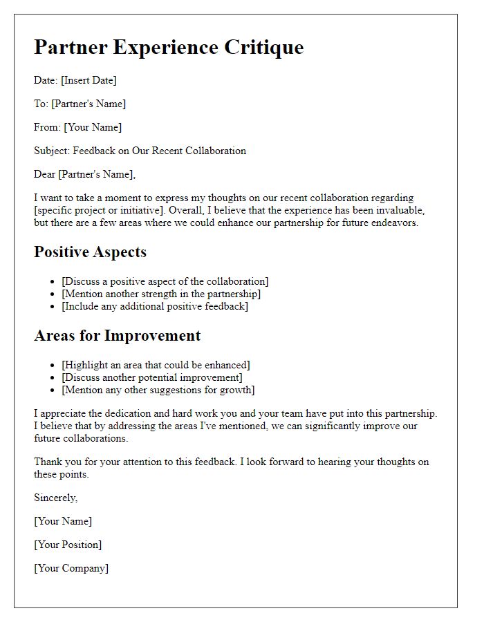 Letter template of partner experience critique