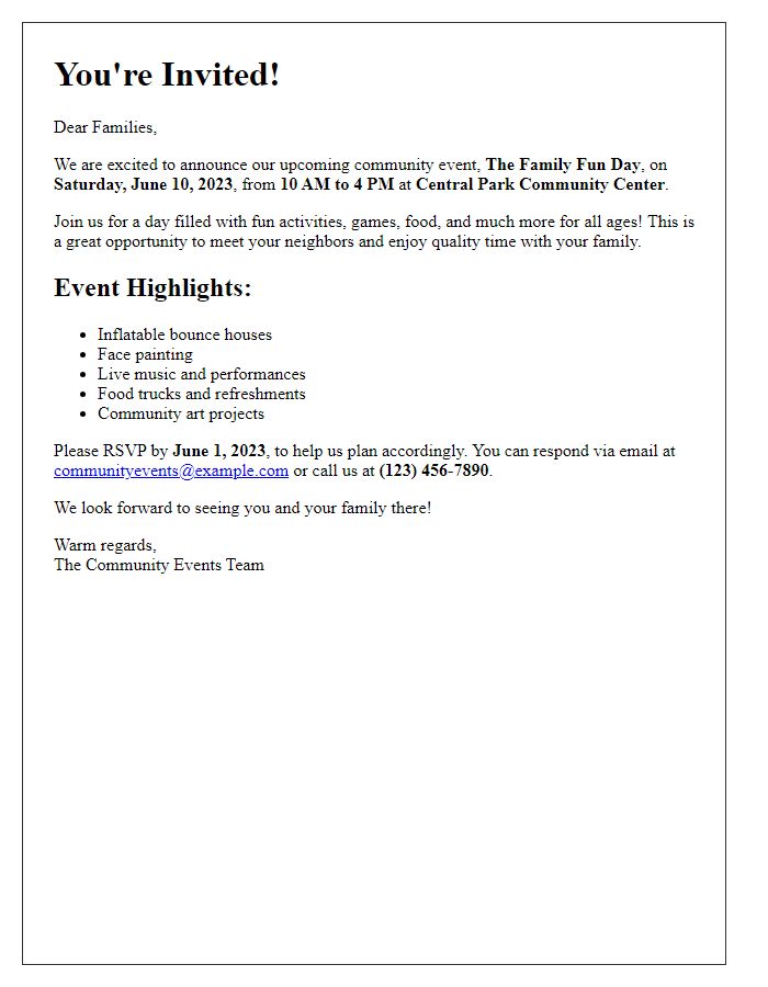 Letter template of community event invitation for families