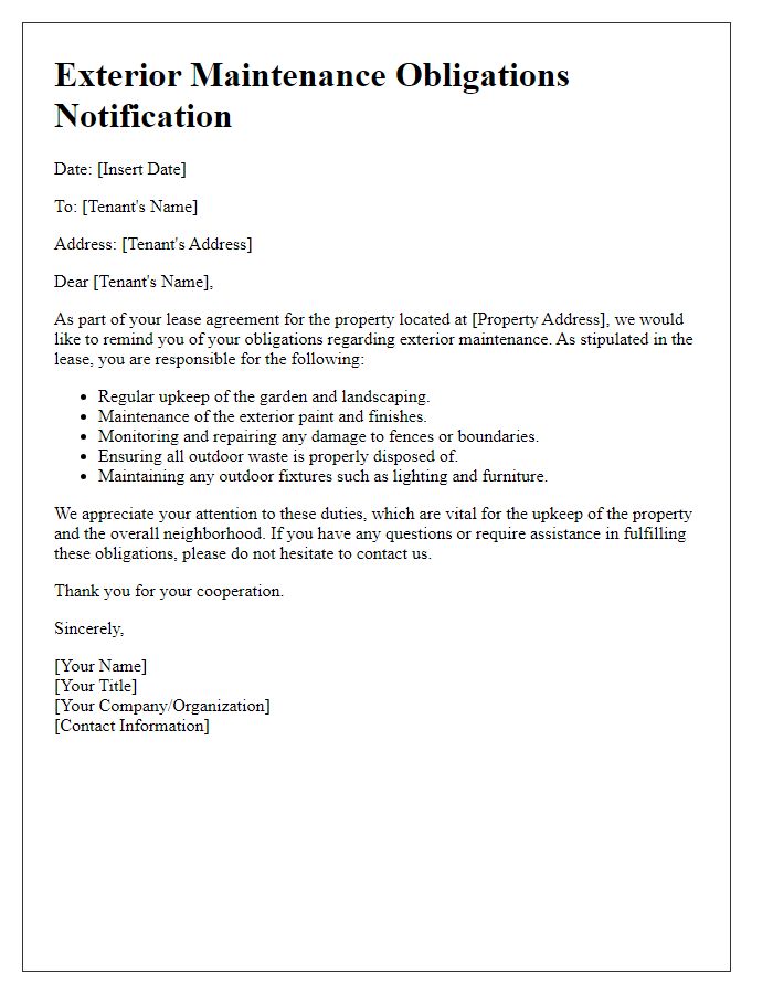 Letter template of exterior maintenance obligations for leasehold properties