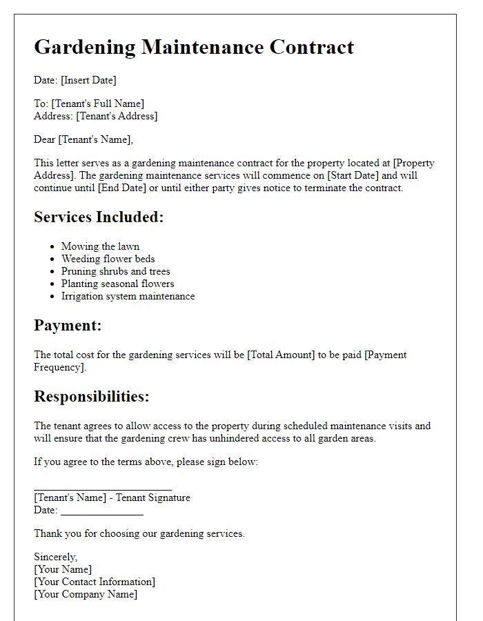 Letter template of gardening maintenance contract for renters