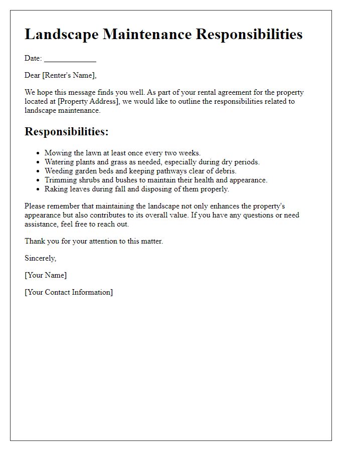 Letter template of landscape maintenance responsibilities for renters