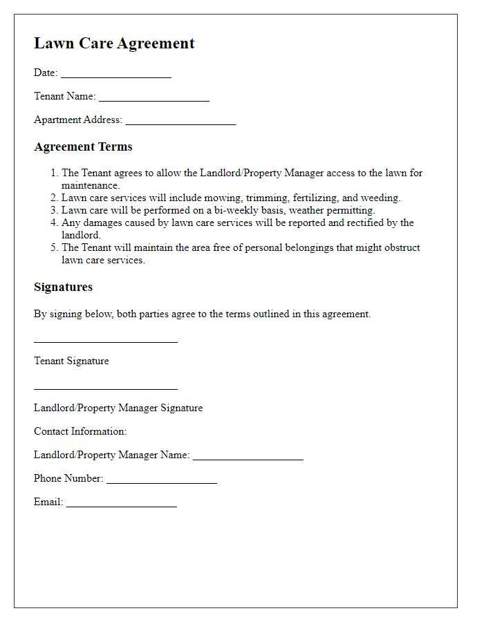 Letter template of lawn care agreement for apartment tenants