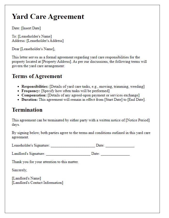 Letter template of yard care agreement for leaseholders