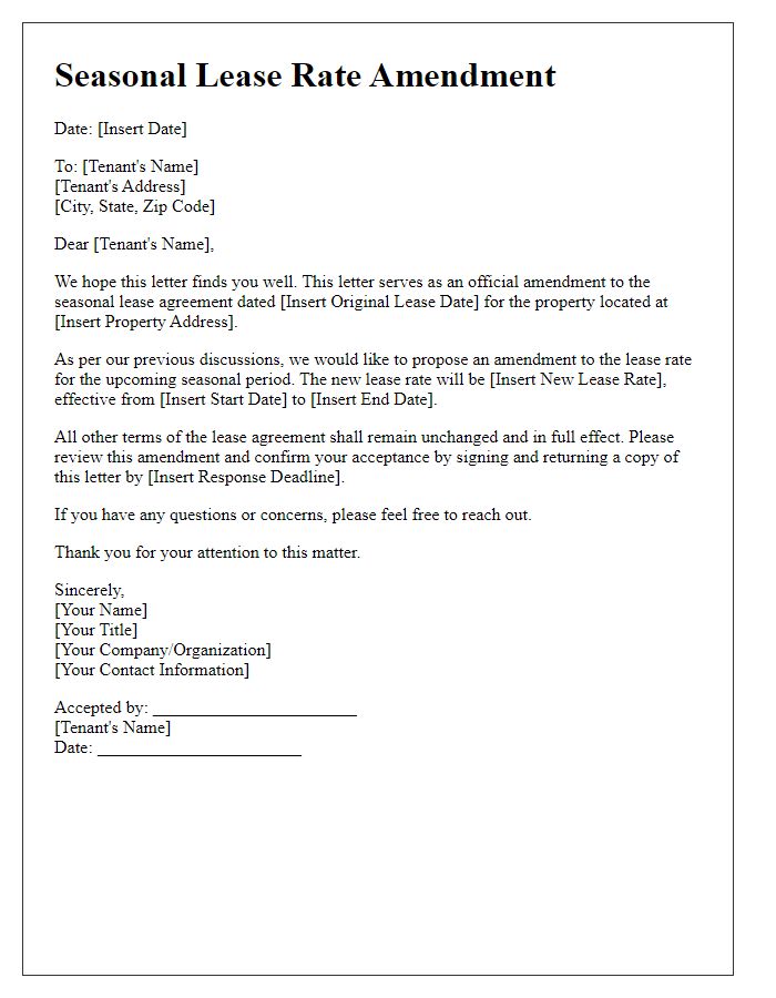 Letter template of seasonal lease rate amendment.