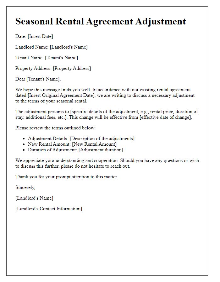 Letter template of seasonal rental agreement adjustment.