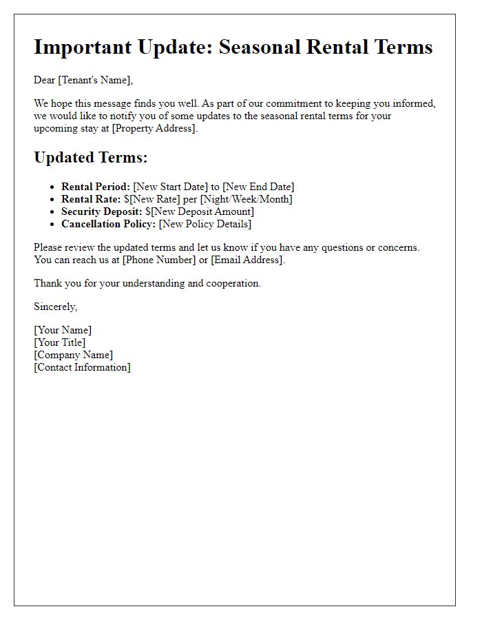 Letter template of seasonal rental terms update.