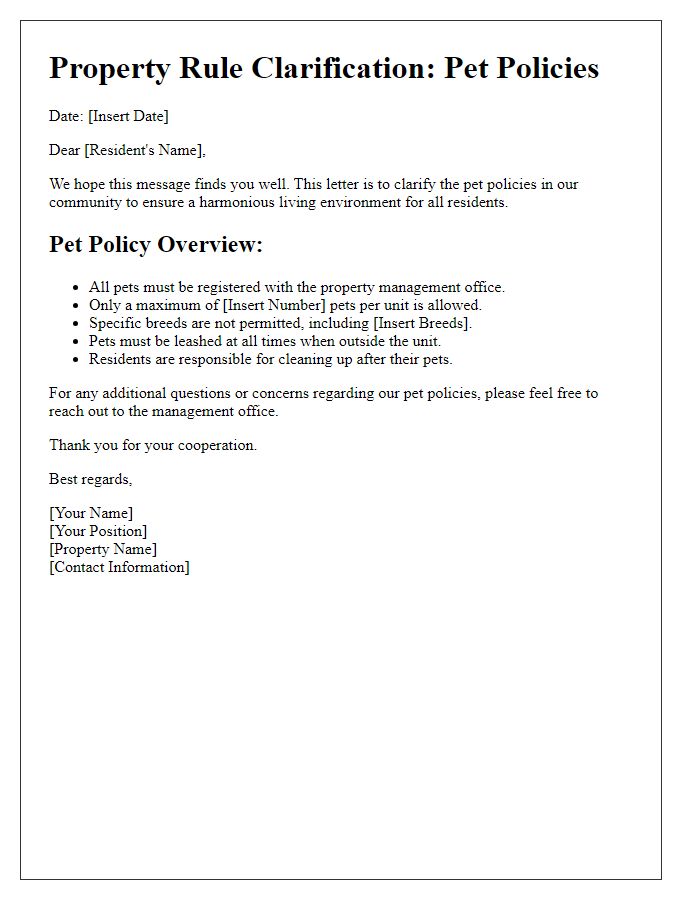 Letter template of property rule clarification concerning pet policies.