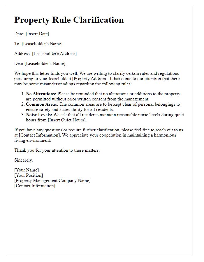 Letter template of property rule clarification for leaseholders.