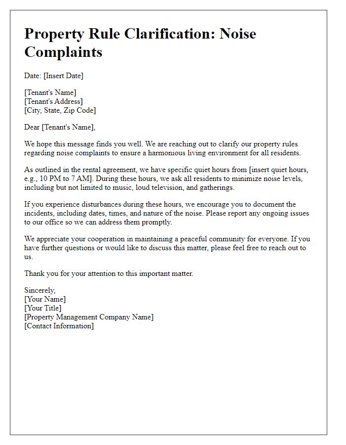 Letter template of property rule clarification for noise complaints.