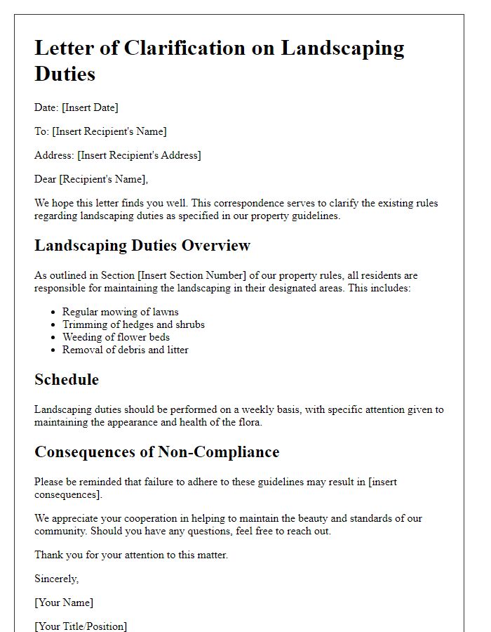 Letter template of property rule clarification on landscaping duties.